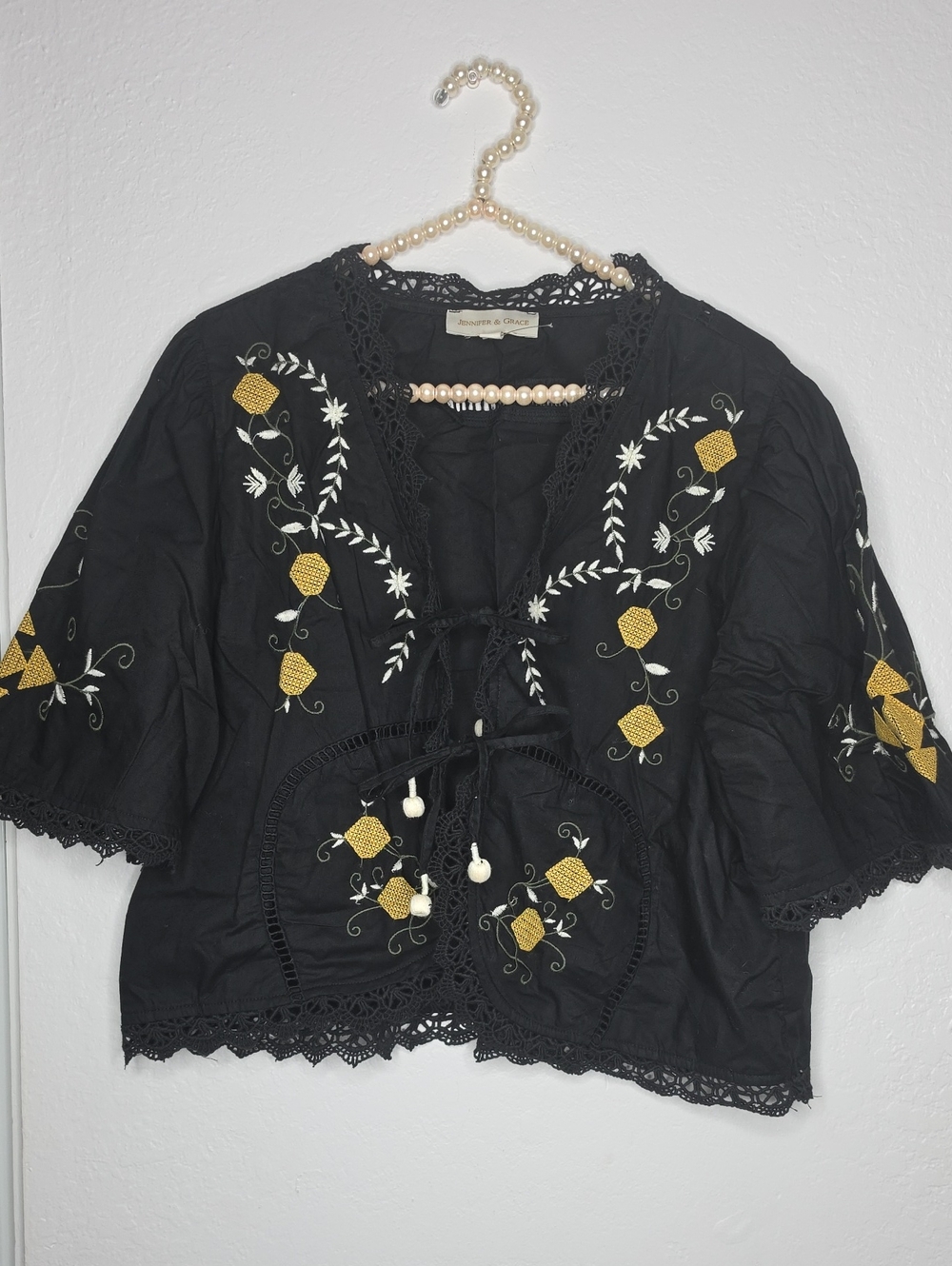 Anthropologie Jennifer & Grace Embroidered Black Peasant Crop Top Bolero - Picture 4 of 8